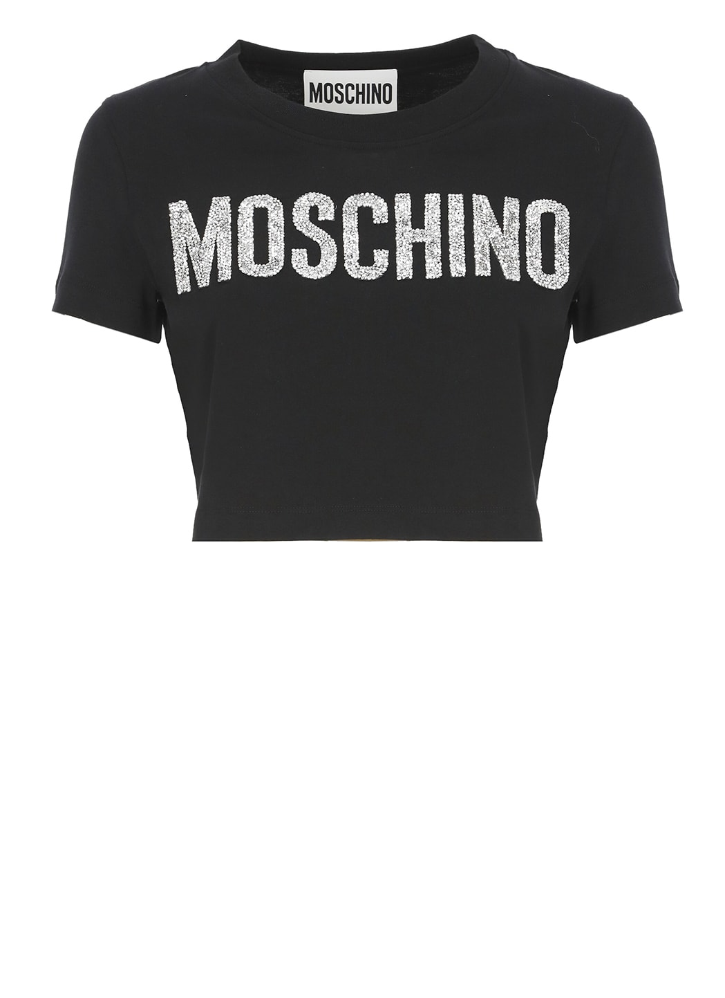 MOSCHINO CROPPED T-SHIRT WITH STRASS LOGO