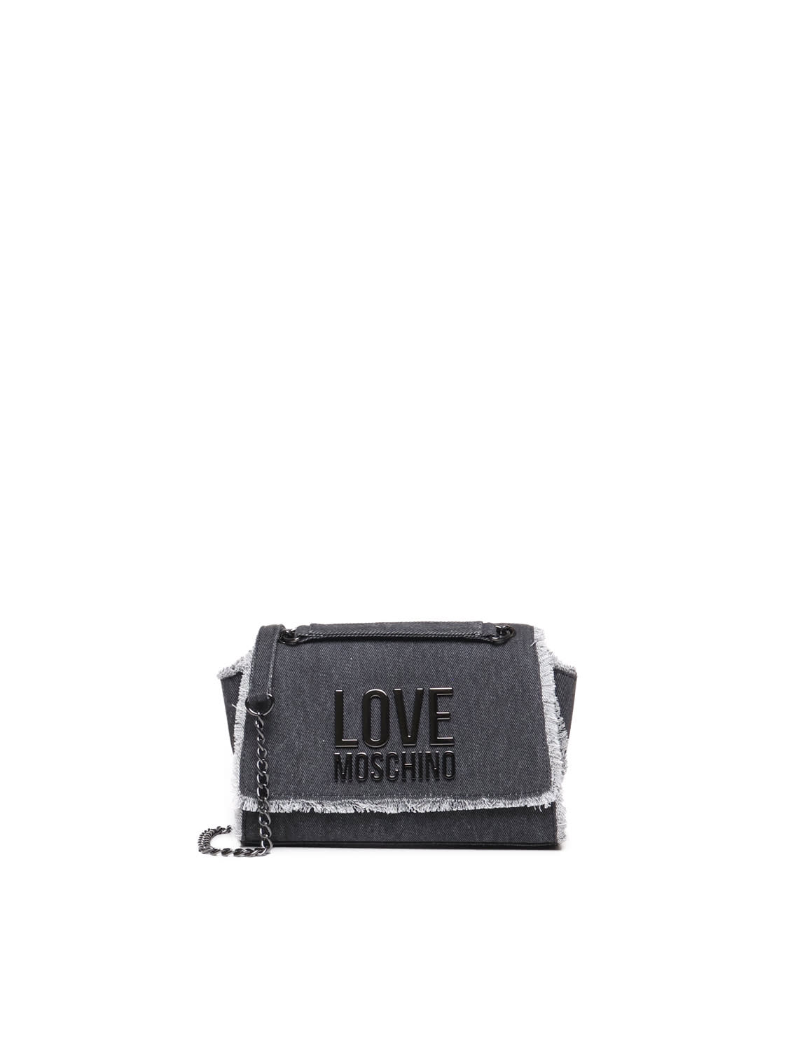 Shop Love Moschino Denim Shoulder Bag With Fringes In Black