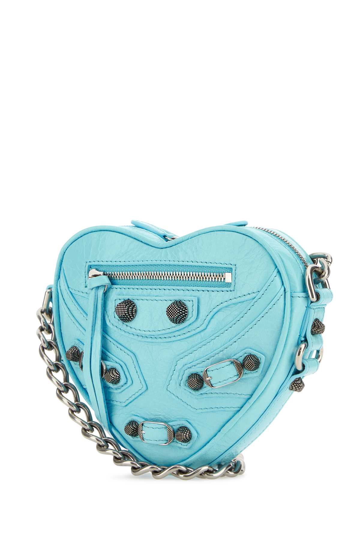 Balenciaga Woman Light Blue Leather Mini Le Cagole Heart Crossbody Bag In Seablue