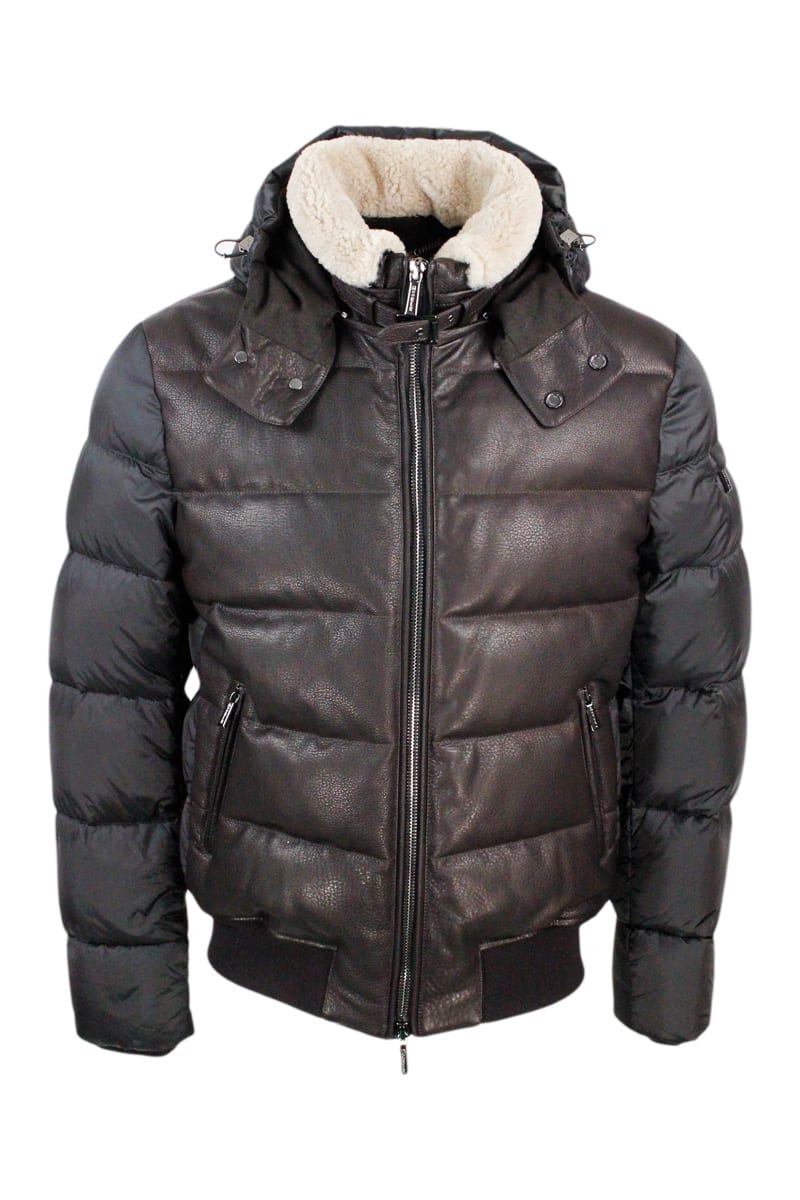 Moorer Bi-material Jacket Padded With Real Goose Down With Hood. Removable Sheepskin Collar And Soft Deerskin Front