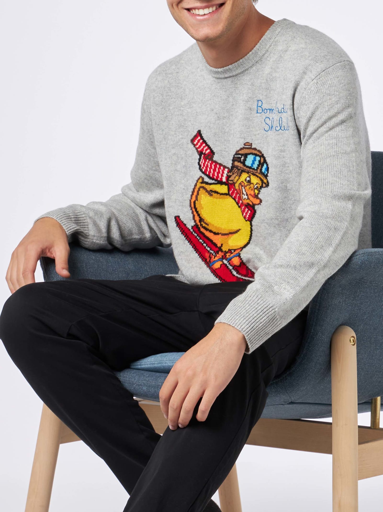 Shop Mc2 Saint Barth Man Crewneck Sweater With Crypto Ducky Jacquard Print Crypto Puppets Special Edition In Grey