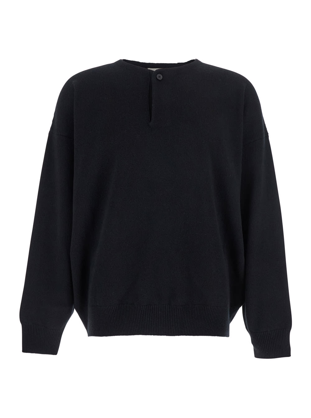 Fear Of God Henley Black Crewneck Sweater With Logo Patch On The Rear In Wool Man In Blue