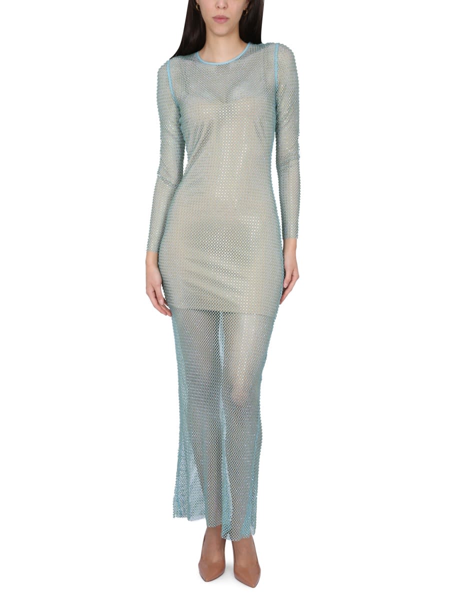 Self-portrait Multicolor Crystal Embellished Fishnet Dress In Green