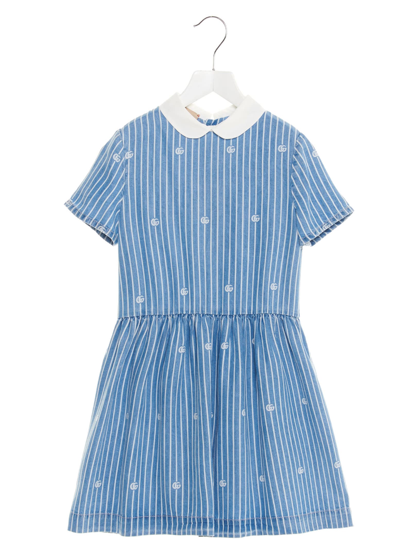 Gucci Kids' Striped Logo Dress In White And Blue In Light Blue