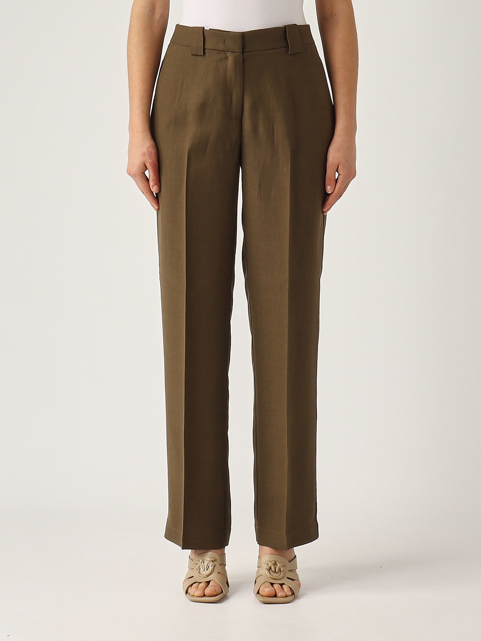 Pinko Green Pants With Belt Loops And Pleats In Viscose And Linen Blend Woman In Bruciato