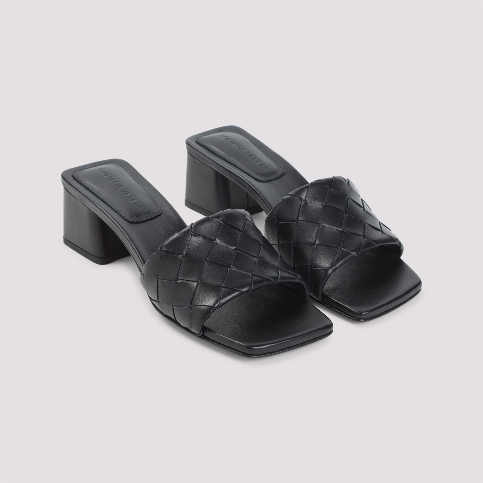 Bottega Veneta Women Leather Heel Sandals With Intrecciato Motif In Black