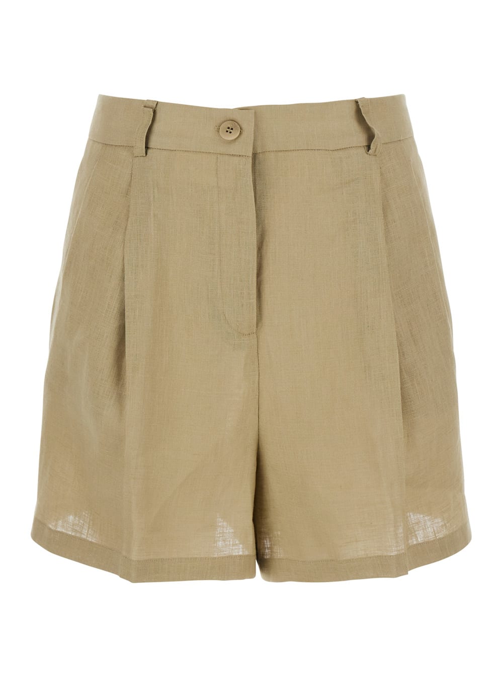 Beige Shorts With Belt Loops And Button Closure In Linen Woman