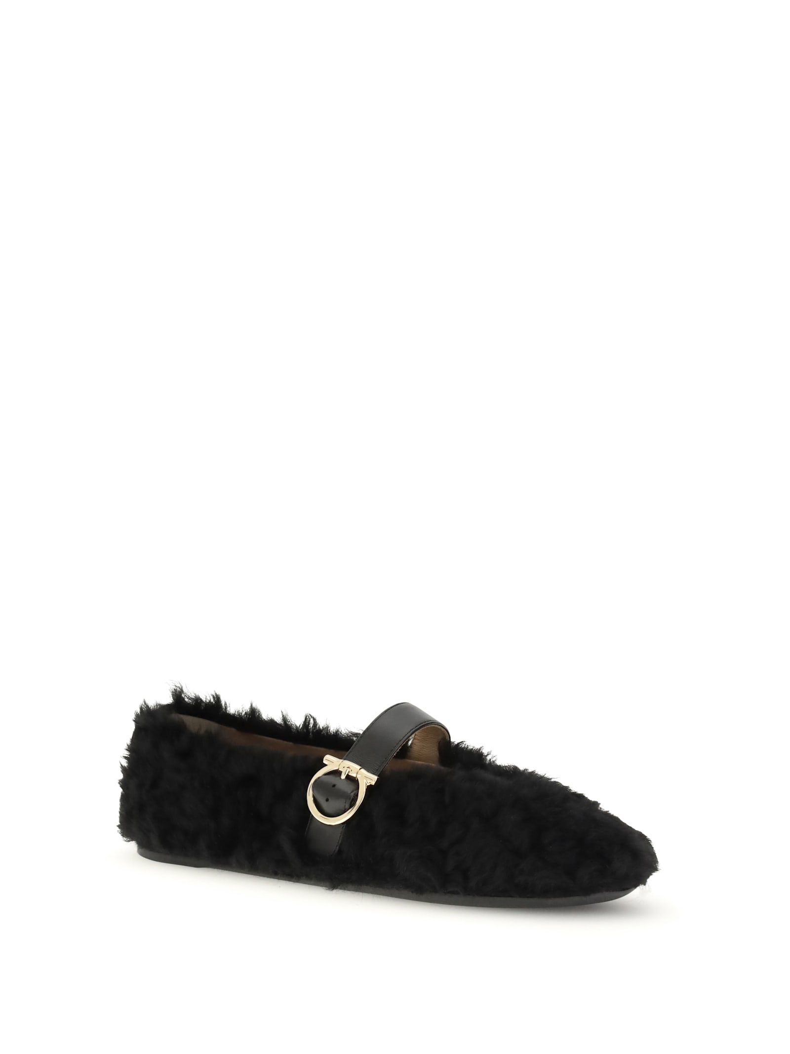 Ferragamo Black Ballerinas With Shearling Design And Buckle In Leather Woman In Black