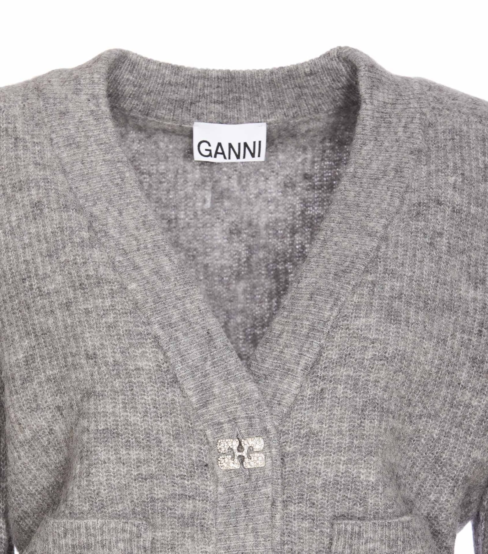 Shop Ganni Grey Soft Wool Cardigan