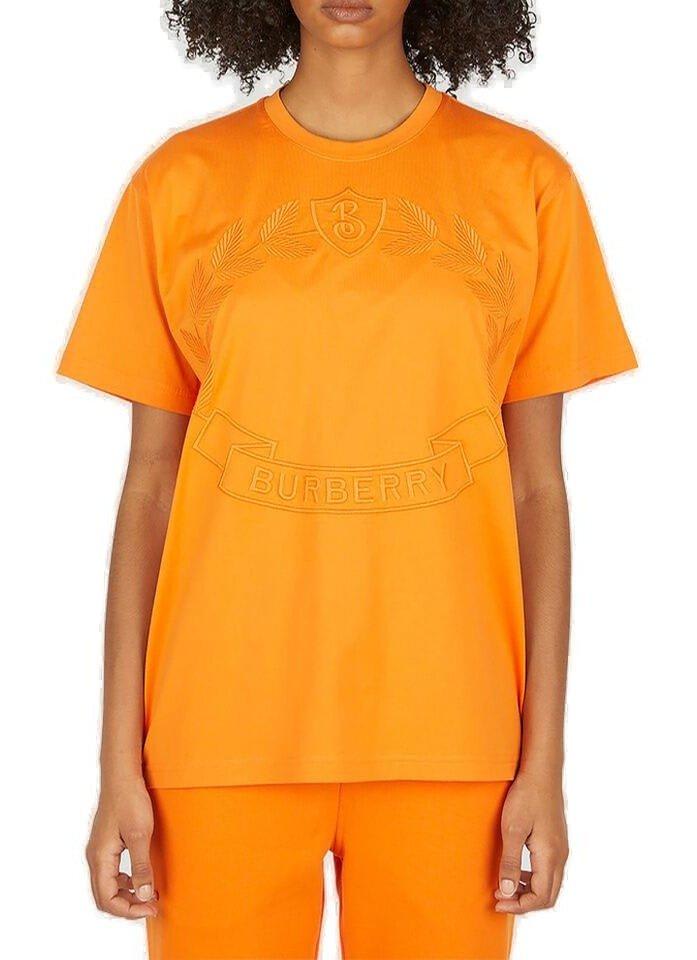 Shop Burberry Logo Embroidered Crewneck T-shirt In Bright Orange