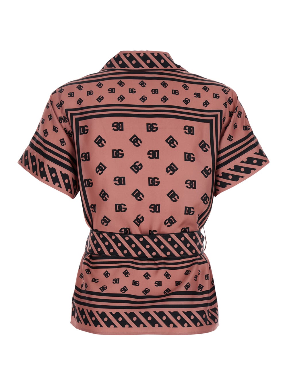 Dolce & Gabbana Pink Shirt With All-over Printed Dg Logo And Waist Belt In Silk Woman In Pink