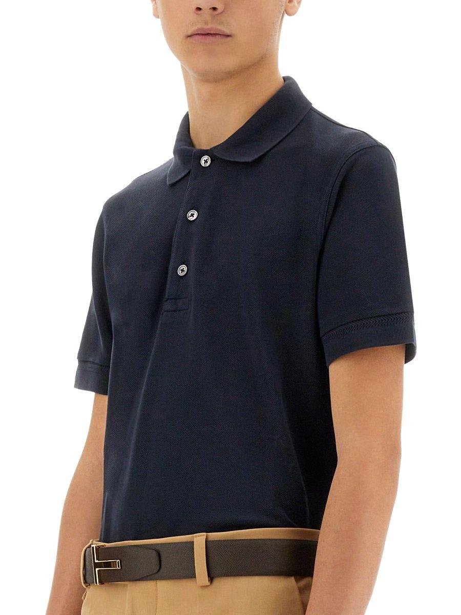 Tom Ford Black Short-sleeves Polo In Cotton Piquet Jersey Man In Blue