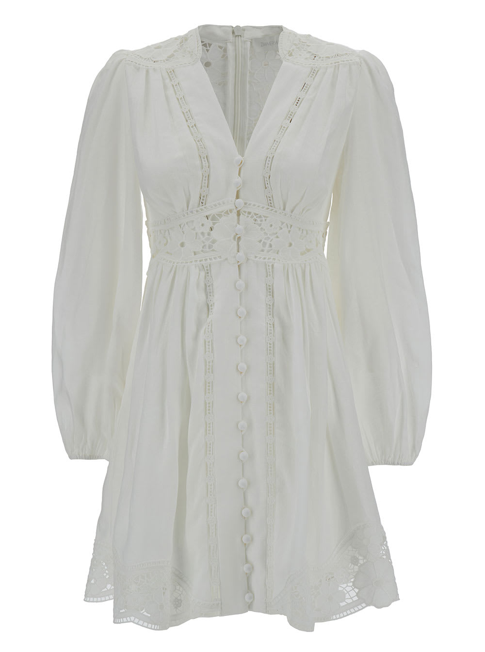 Shop Zimmermann Mini White Dress With Embroideries And Puff Sleeves In Linen Woman In Bianco