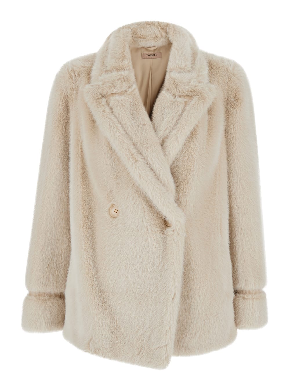 Twinset White Double-breasted Coat With Peak Revers In Ecofur Woman In White