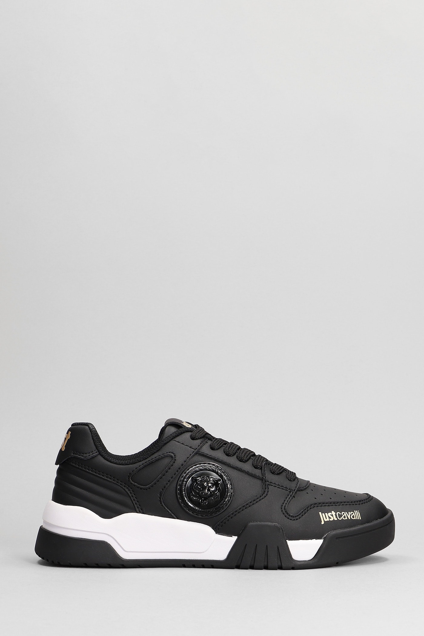 Just Cavalli Tiger Head Faux-leather Sneakers In Black