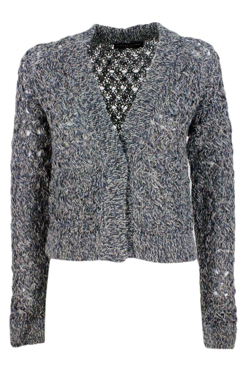 Fabiana Filippi Cardigan Sweater With Wide Braid Embellished With Lurex Threads