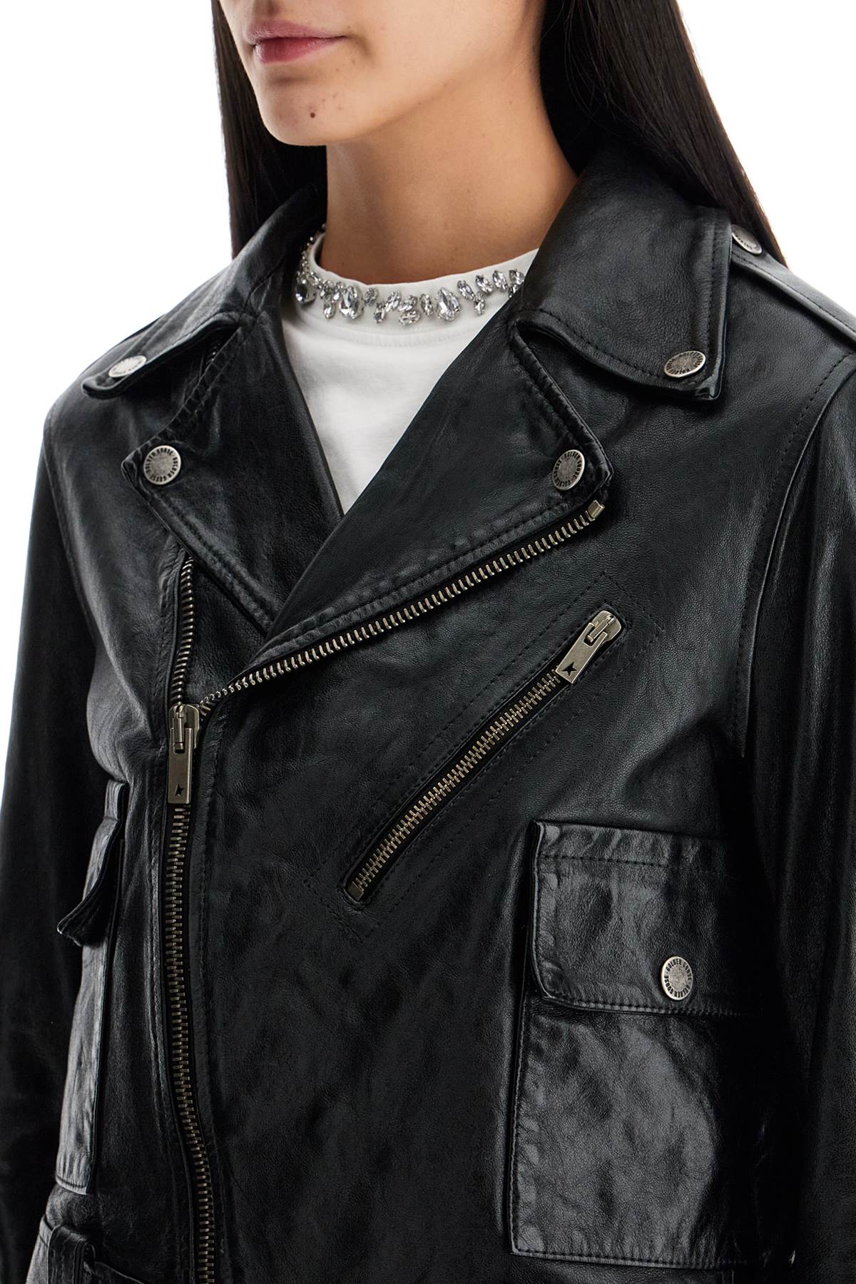 Golden Goose Shiny Black Sheepskin Biker Jacket With Sturdy Zip In Black (black)