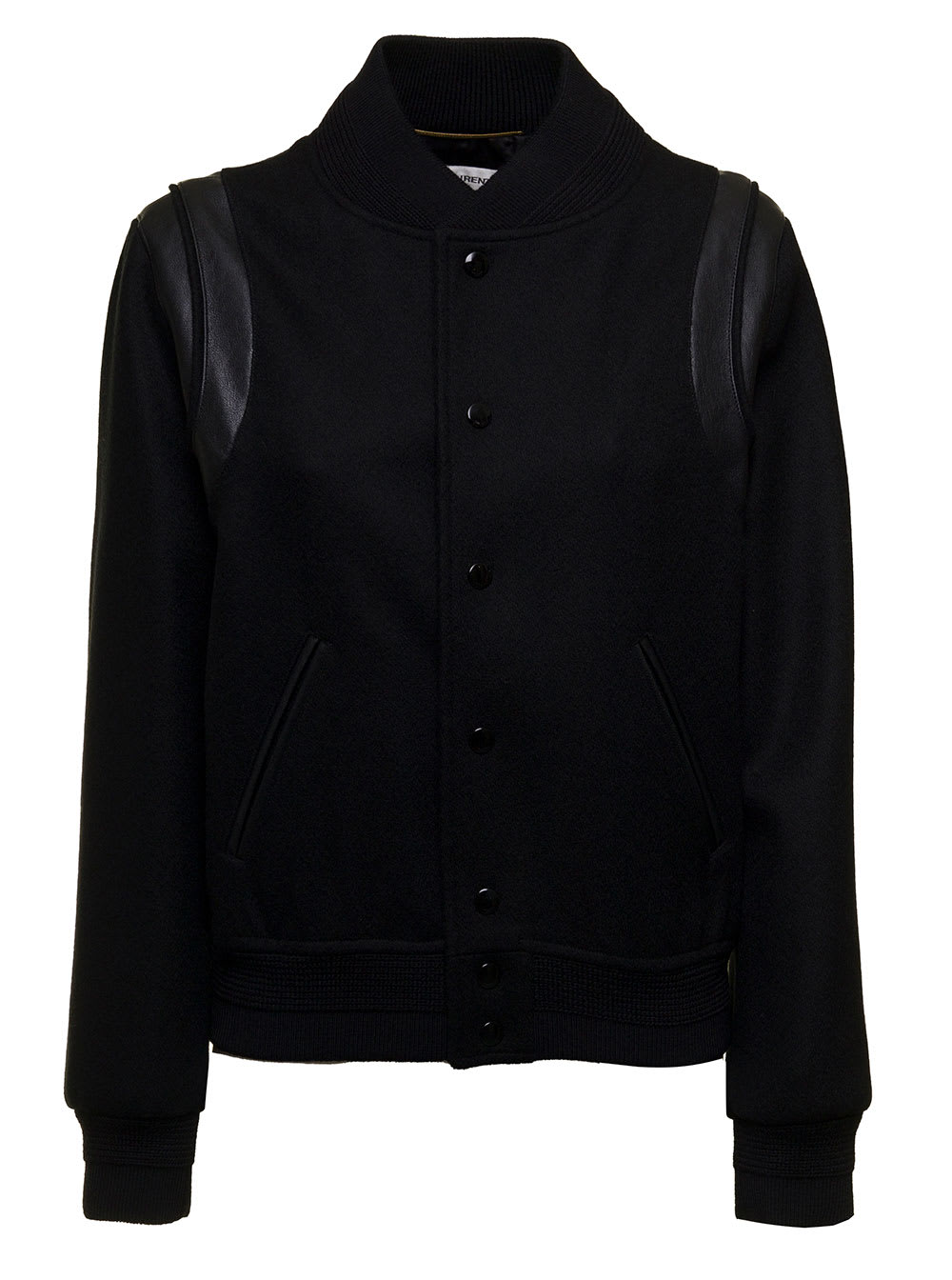 Shop Saint Laurent Womans Versity Black Wool And Leather Bomber Jacket