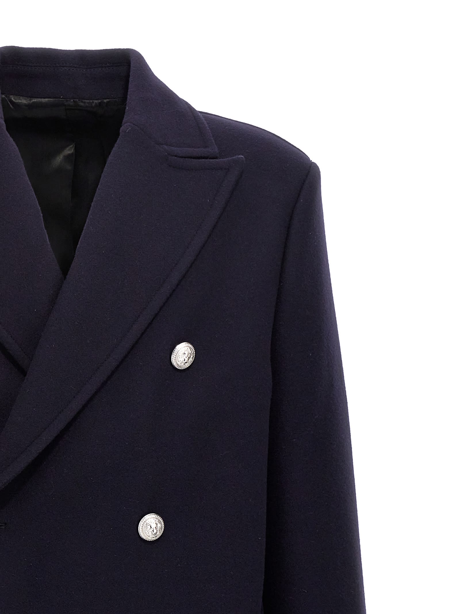 Shop Balmain Double-breasted Coat With Logo Buttons In Blue