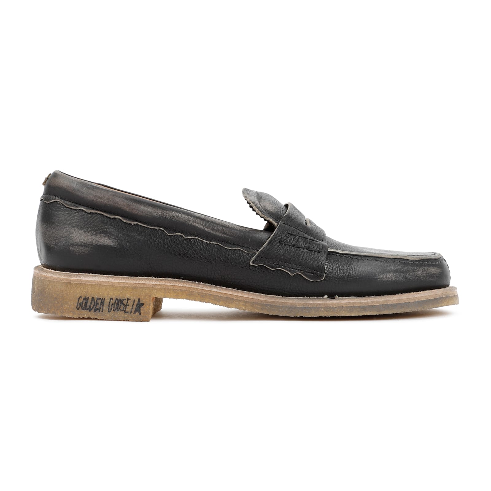 Golden Goose Black Leather Jerry Loafers With Distressed Finish In Black
