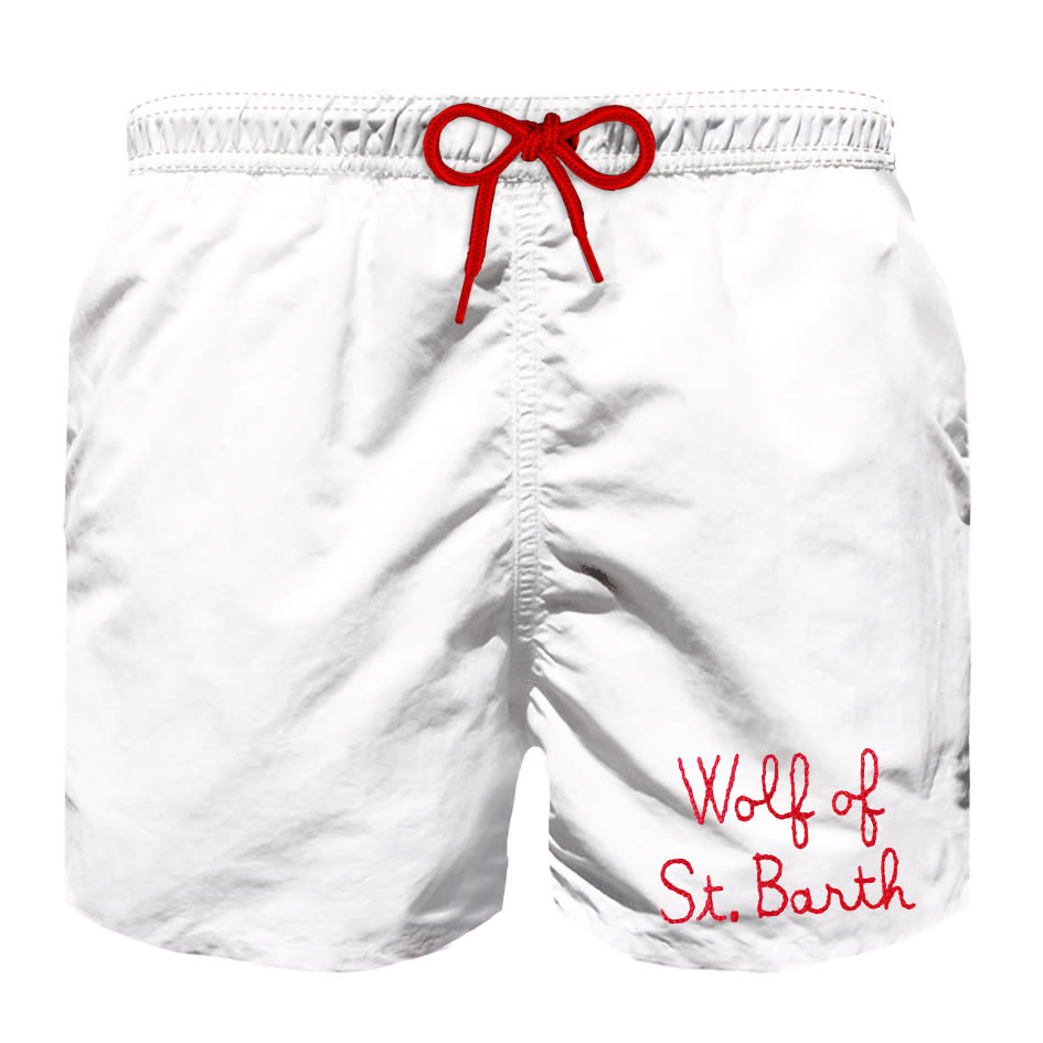 MC2 Saint Barth White Boy Swim Trunks With Embroidered Red Writingwolf Sb