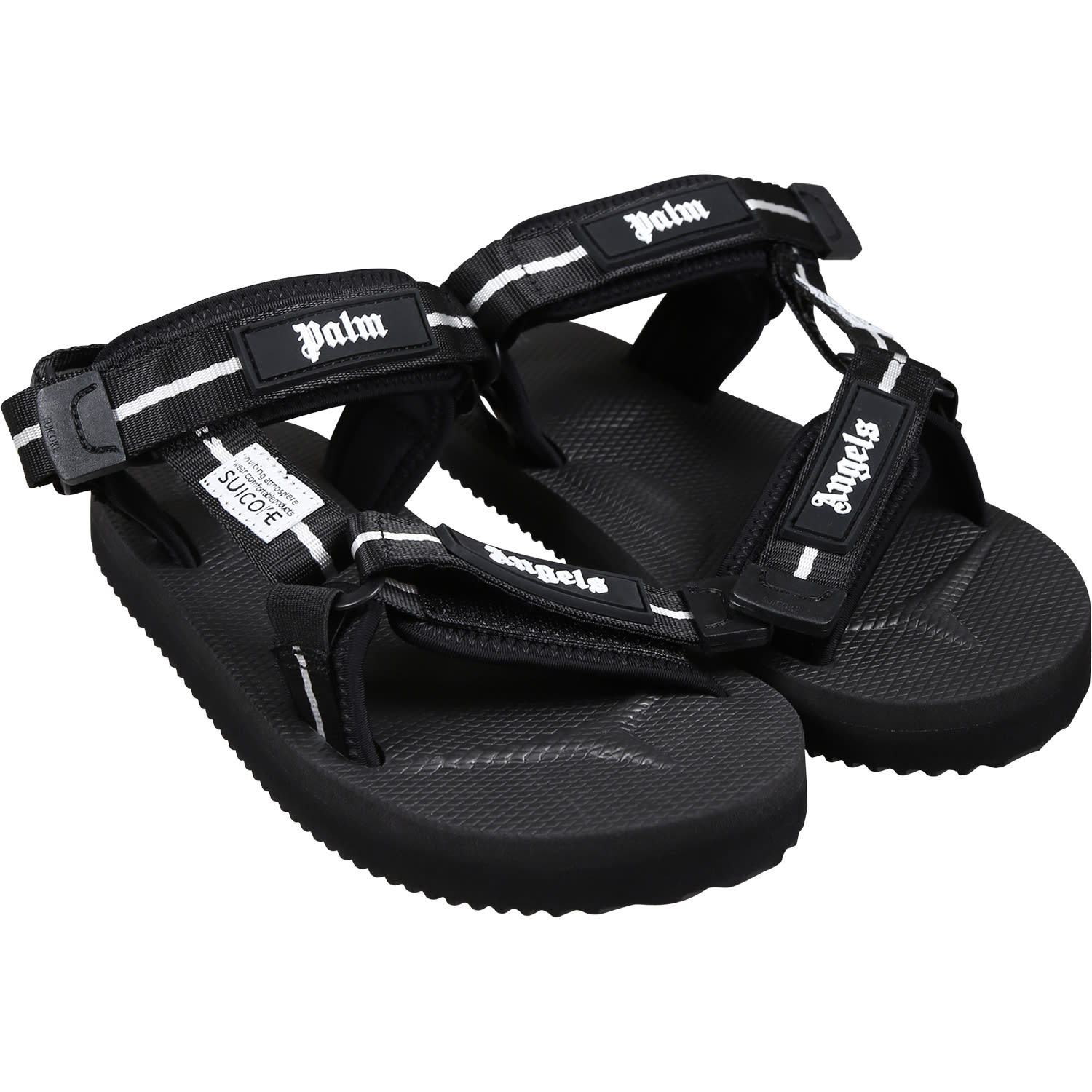 Shop Palm Angels Black Sandals For Kids With Logo In Black/white