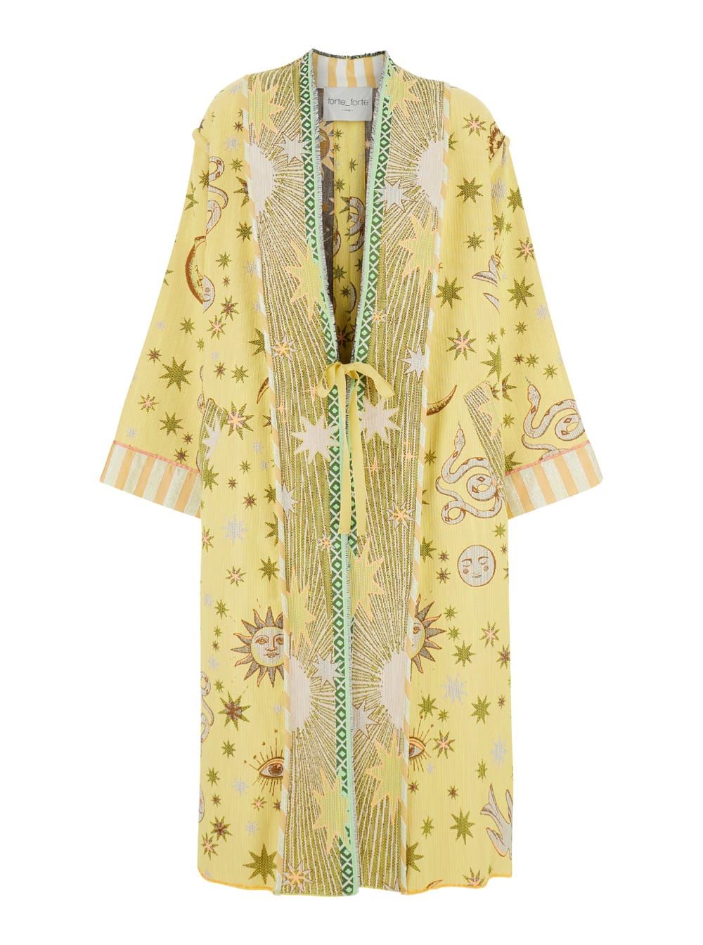 FORTE FORTE YELLOW ROBE COAT WITH SUN AND MOON EMBROIDERIES AND PRINT IN COTTON BLEND WOMAN