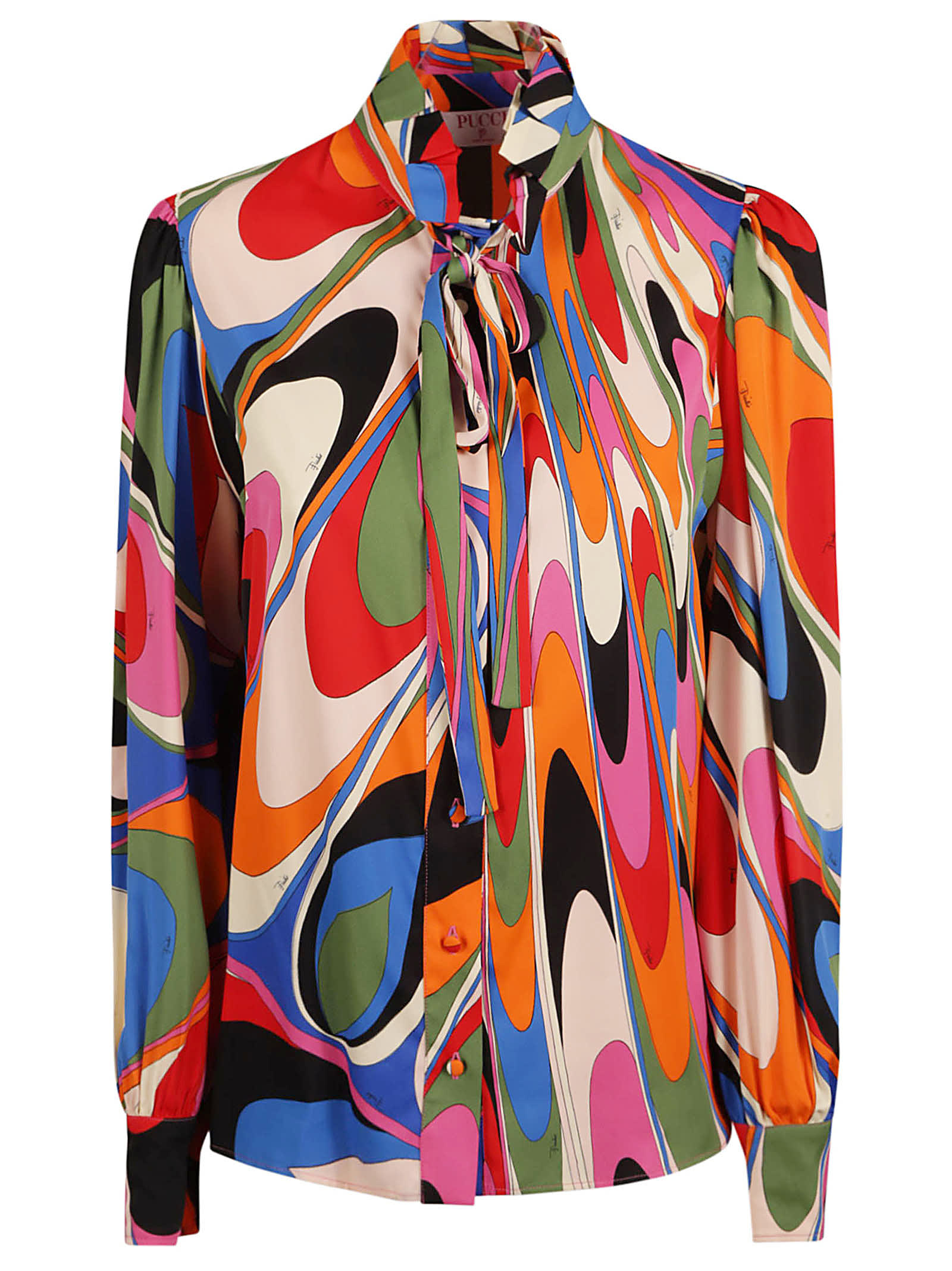 Pucci Bow Detail Printed Shirt In Blue/fuxia