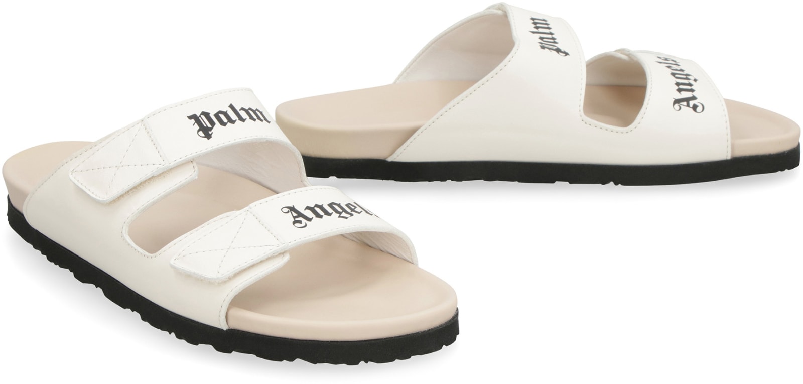Shop Palm Angels Leather Slides With Logo In White