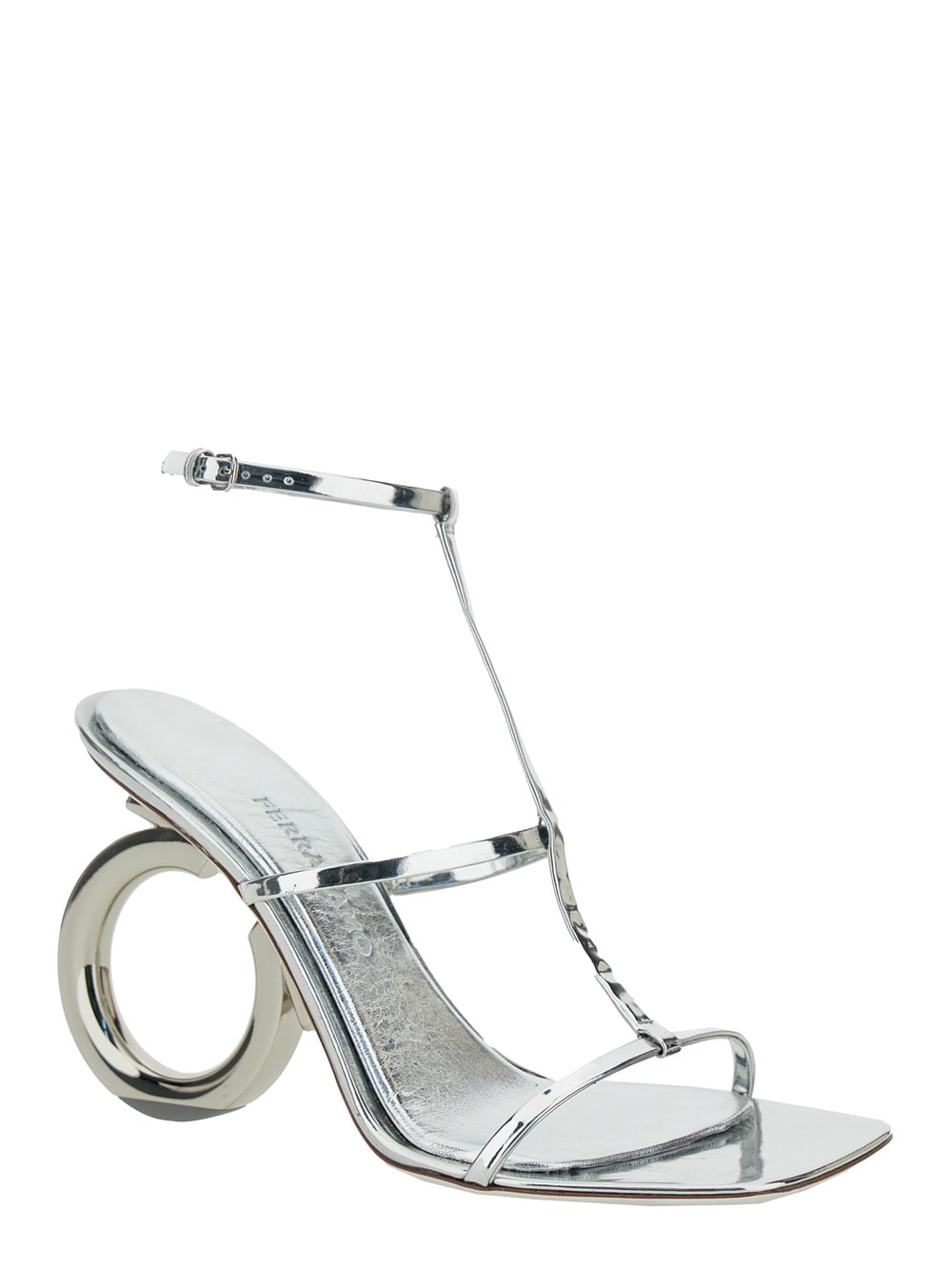 Shop Ferragamo Elina Silver Sandals With Sculptural Heel In Leather Woman In Metallic