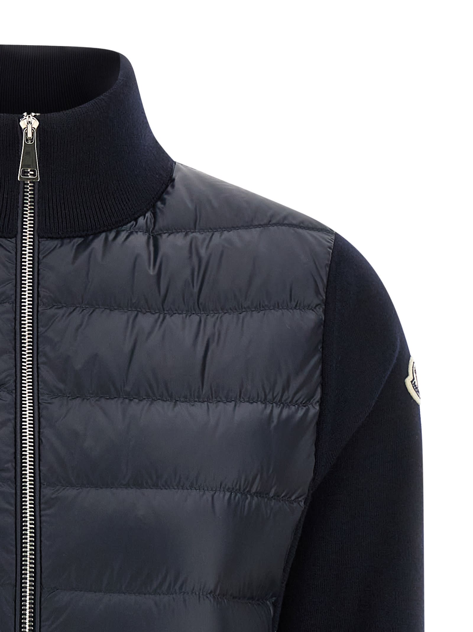 Moncler Two-material Cardigan With High Neck And Zip Closure In Blue