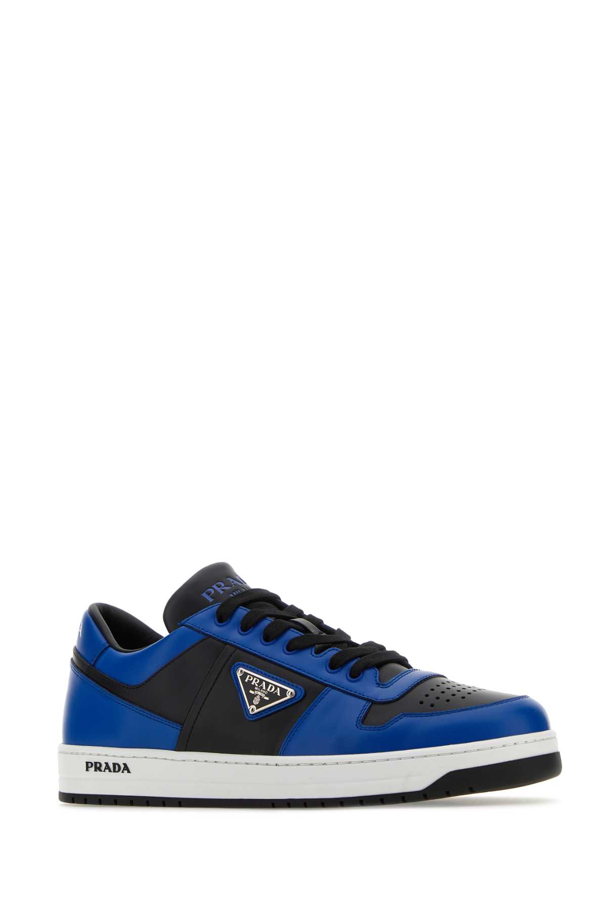 Shop Prada Two-tone Leather Downtown Sneakers In Nerocobalto