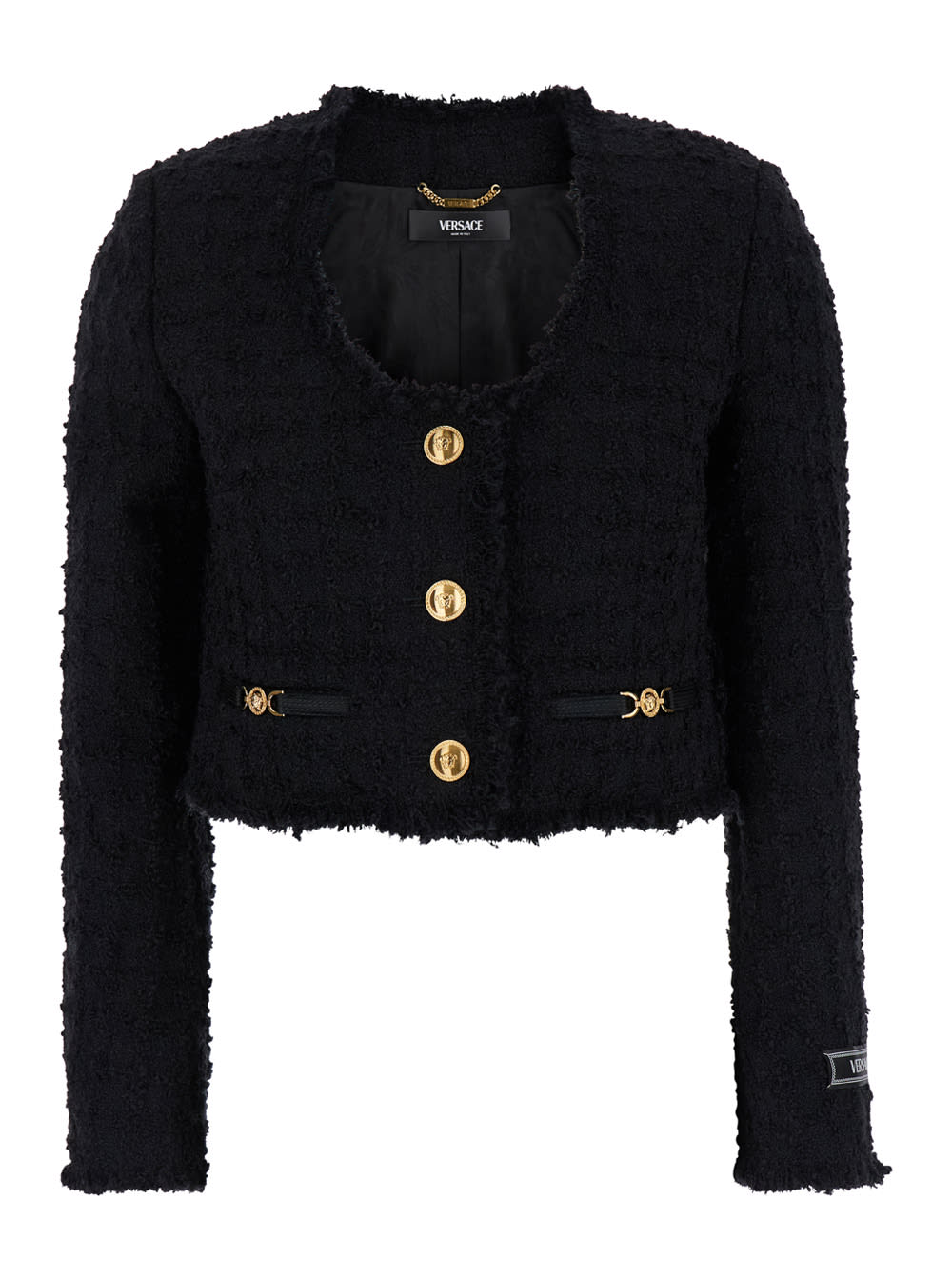 Black Crop Jacket With Jewel Buttons In Tweed Woman