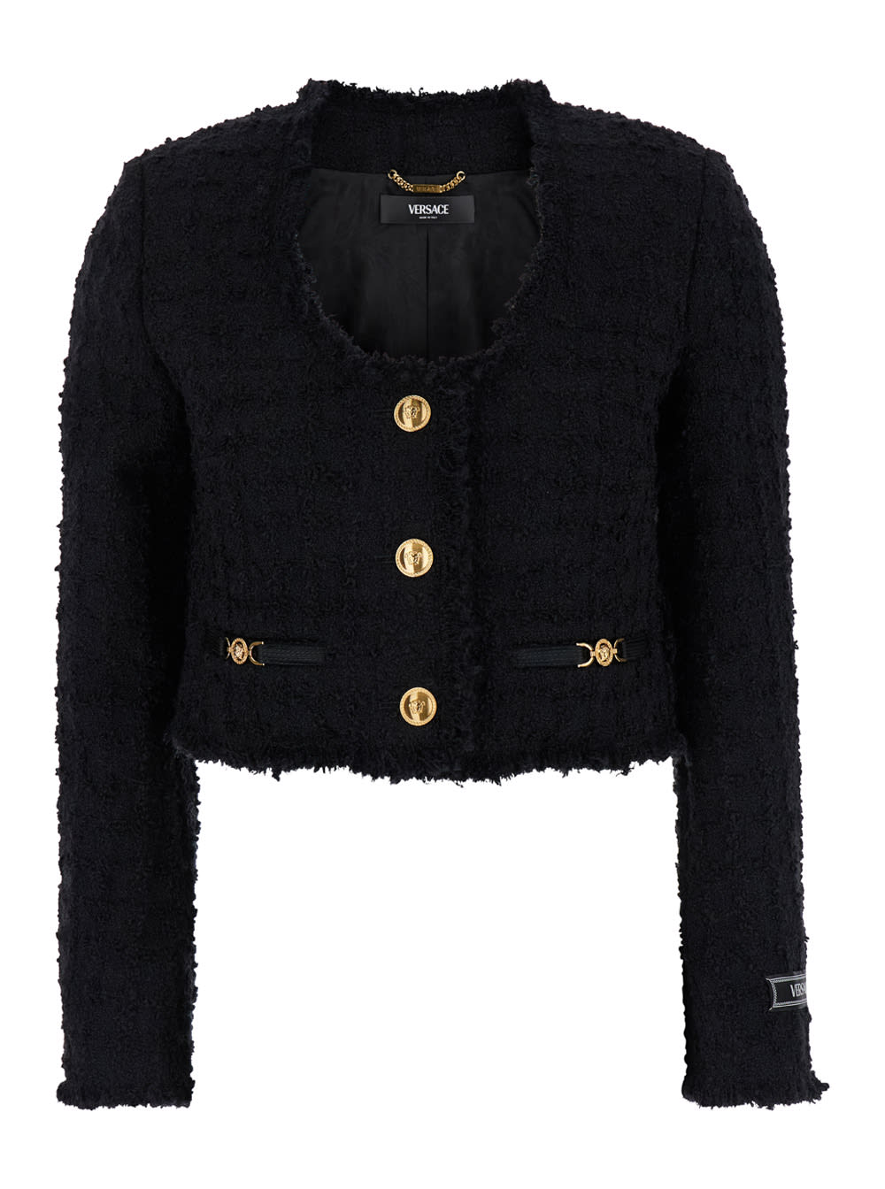 Shop Versace Black Crop Jacket With Jewel Buttons In Tweed Woman