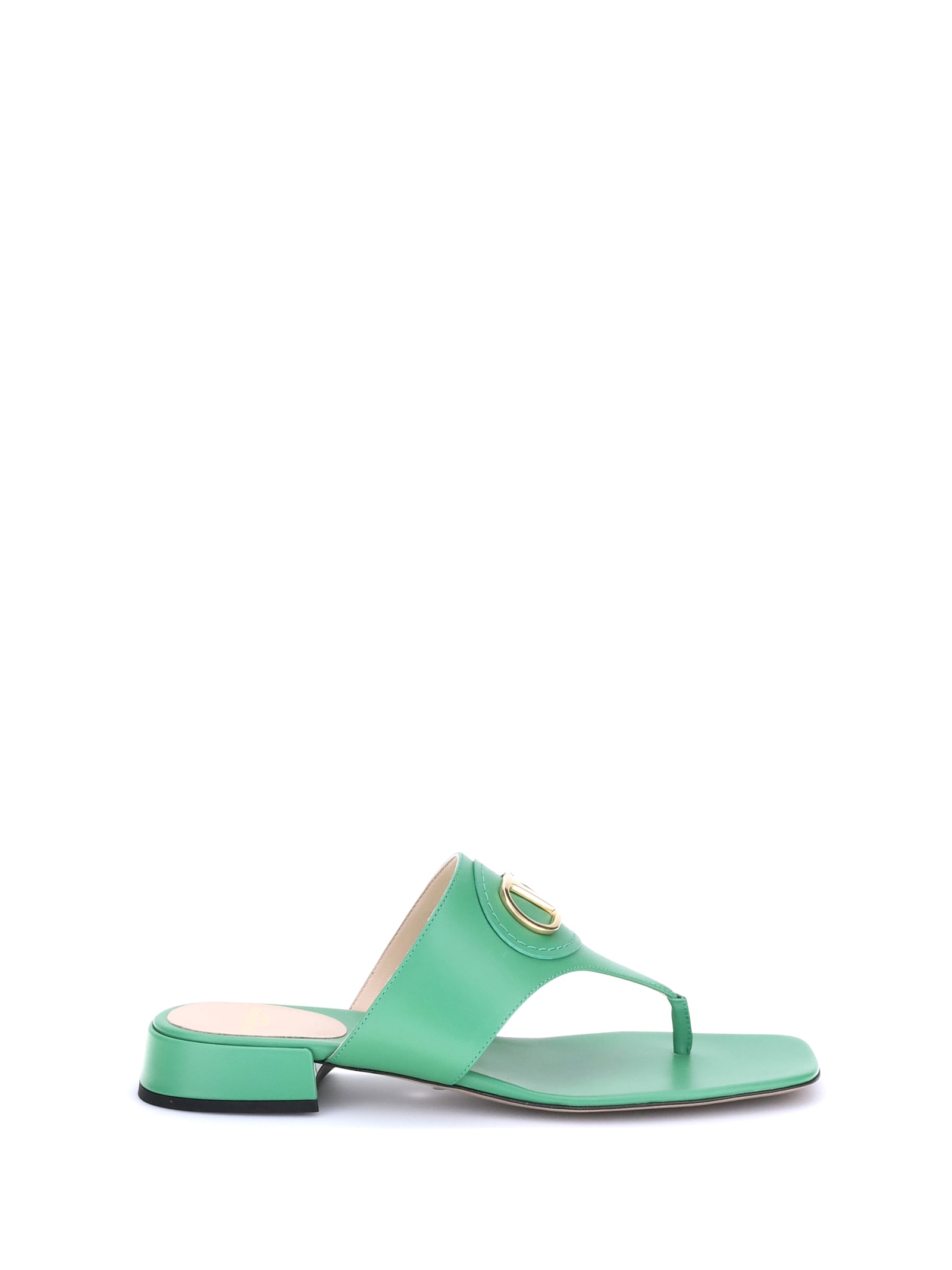 Valentino Vlogo Leather Thong Sandals With Squared Toe In Green