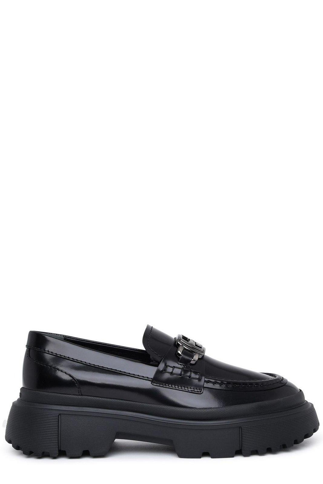 Shop Hogan Logo Plaque Round-toe Loafers In Black