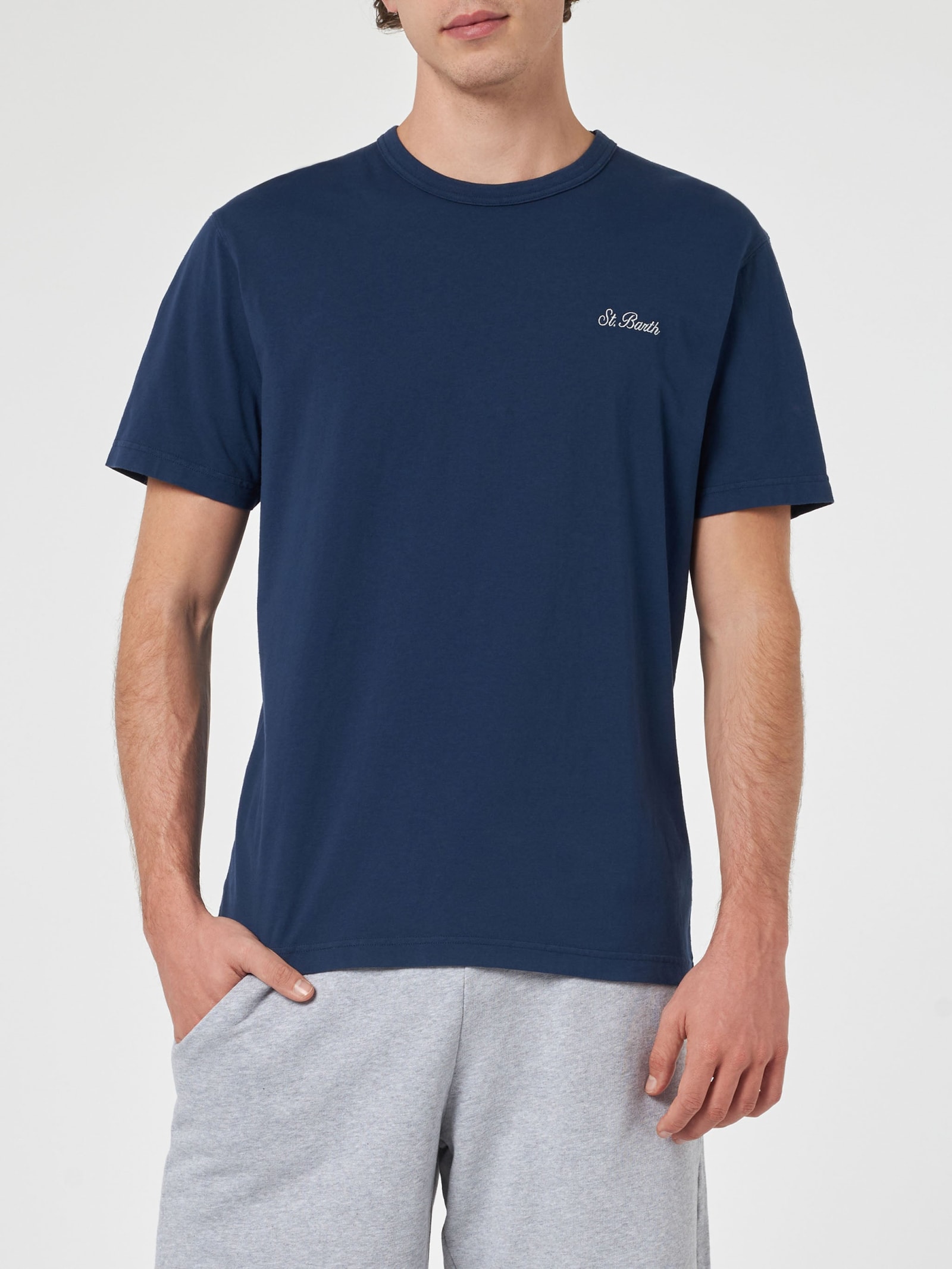 Shop Mc2 Saint Barth Man Blue Cotton Jersey T-shirt Dover With St. Barth Embroidery