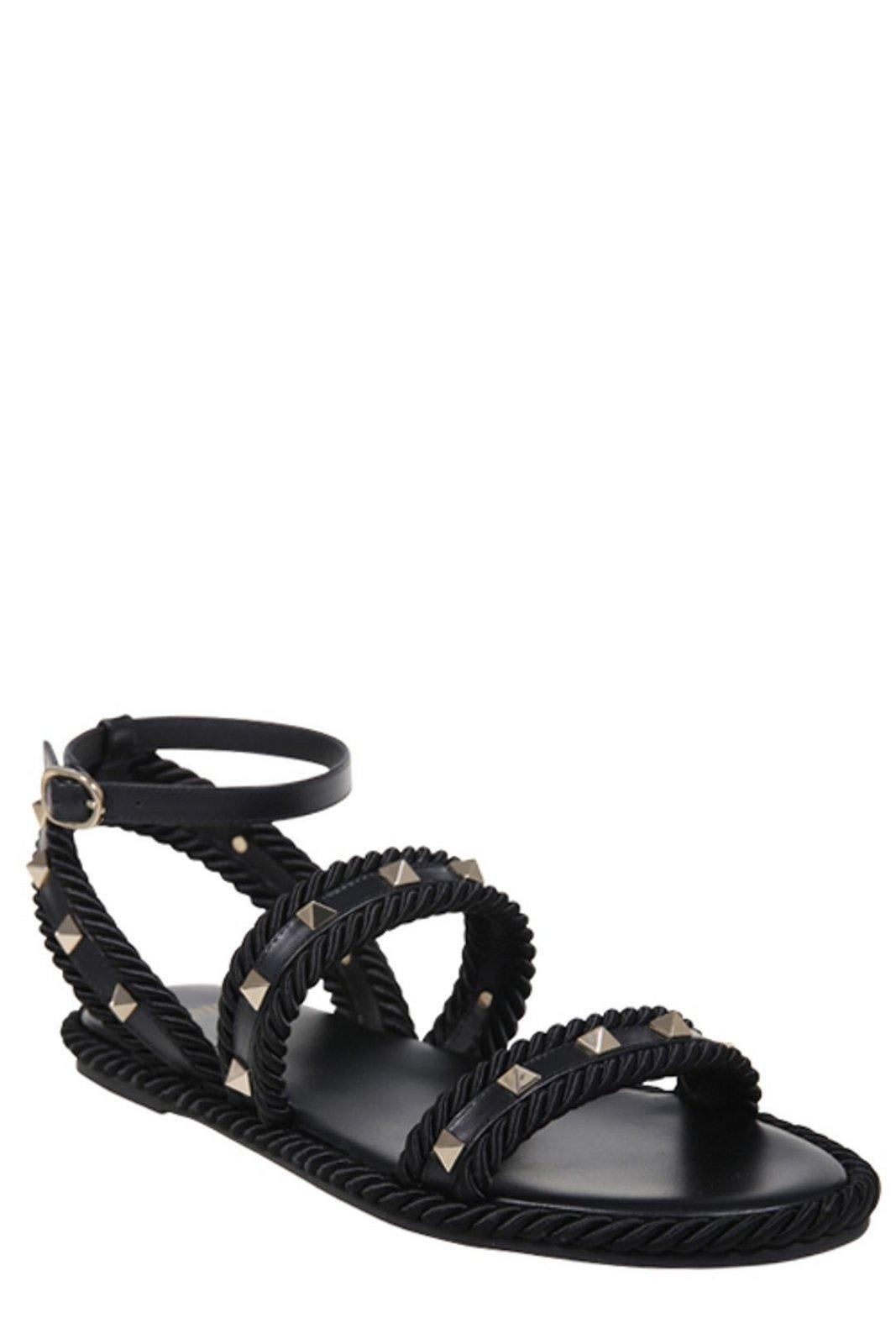 Valentino Torchon Rope-trimmed Studded Leather Sandals In Black