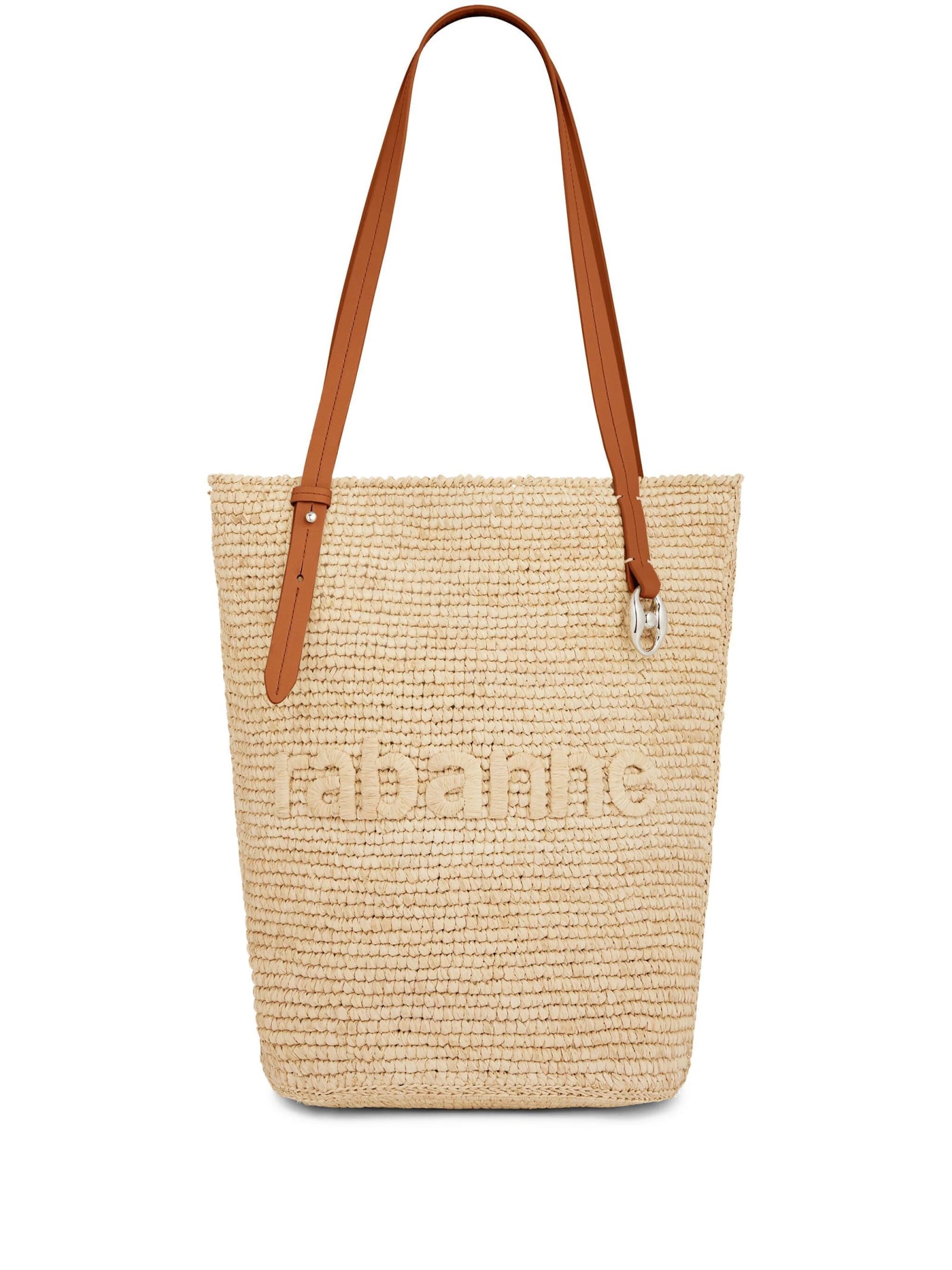 Shop Rabanne Natural Raffia Tote Bag With Logo In Brown