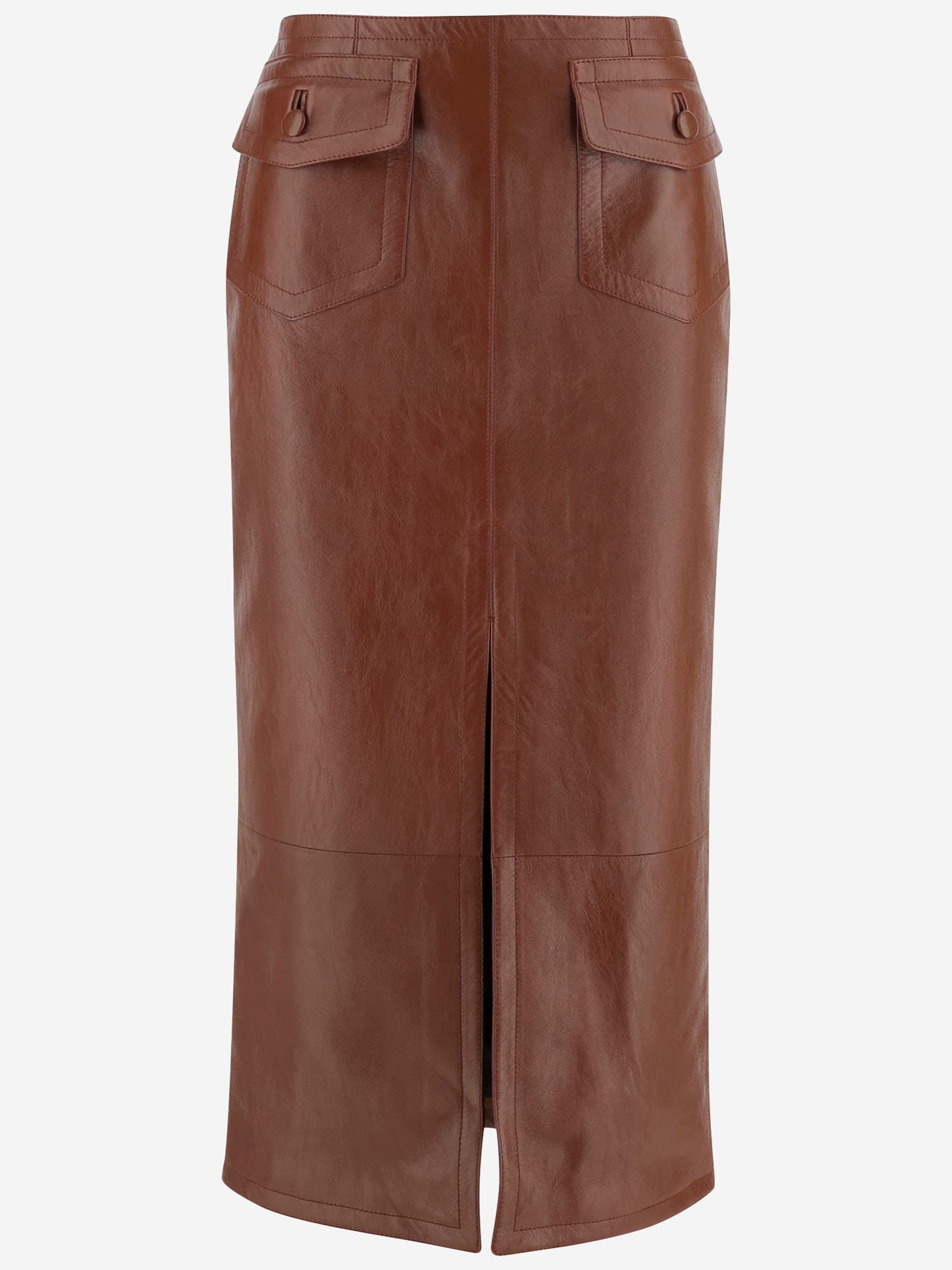 Shop Chloé Glossy Leather Midi Skirt In Brown