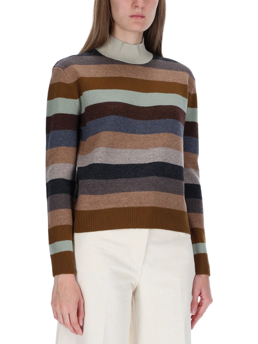 Tory Burch Multicolor Sweater With Striped Design And Back Logo Patch In Wool Woman In Multi