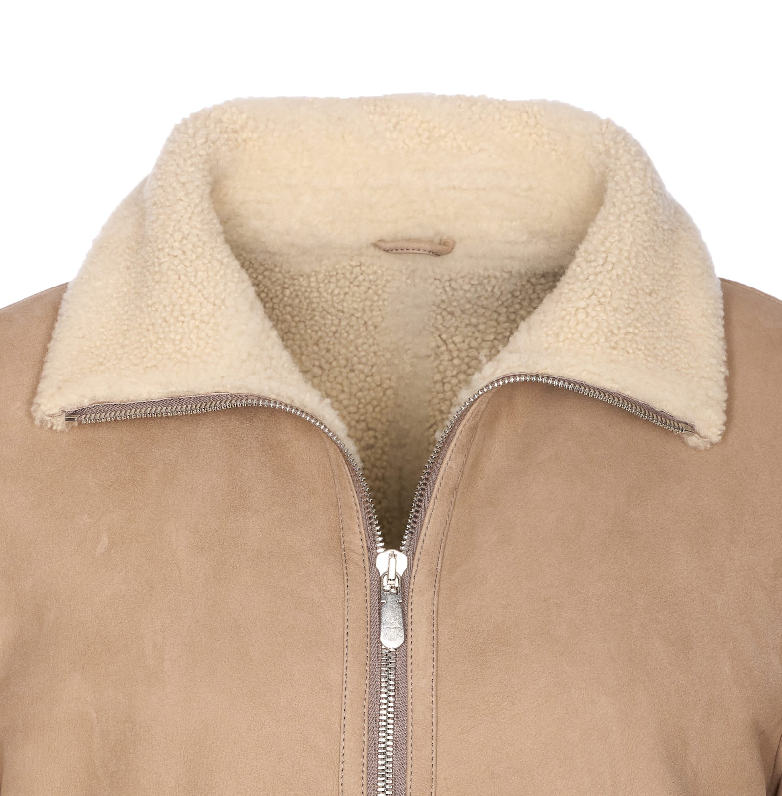 Brunello Cucinelli Bomber Jacket With Shearling Collar And Ribbed Finish In Neutral
