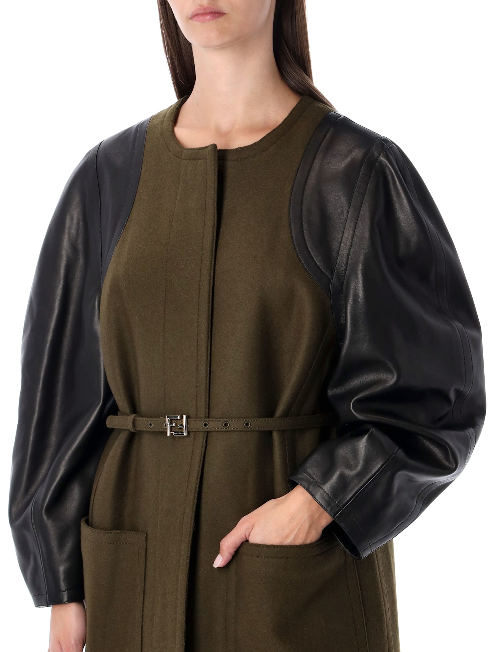 Fendi Green Wool Midi Coat With Leather Sleeves In Green