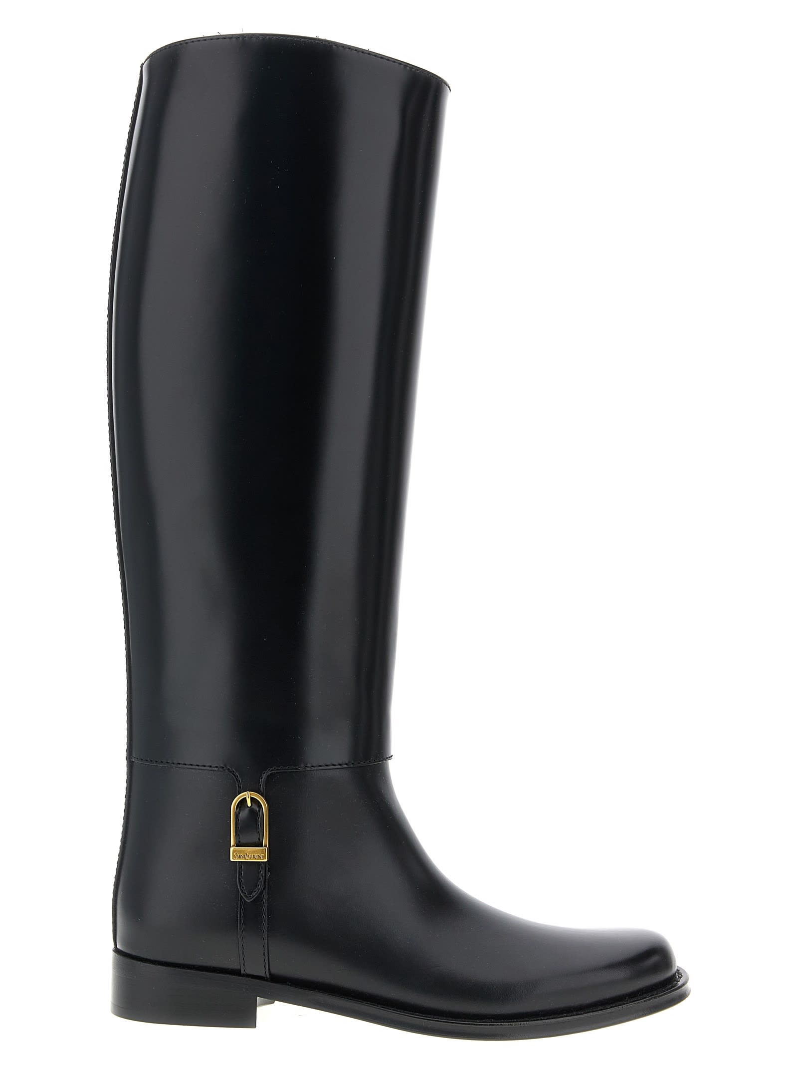 Saint Laurent Julia Buckle-embellished Leather Knee Boots In Black