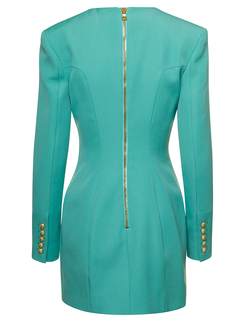 Shop Balmain Light Blue Tailored Blazer Dress With Padded Shoulders In Wool Woman In Green