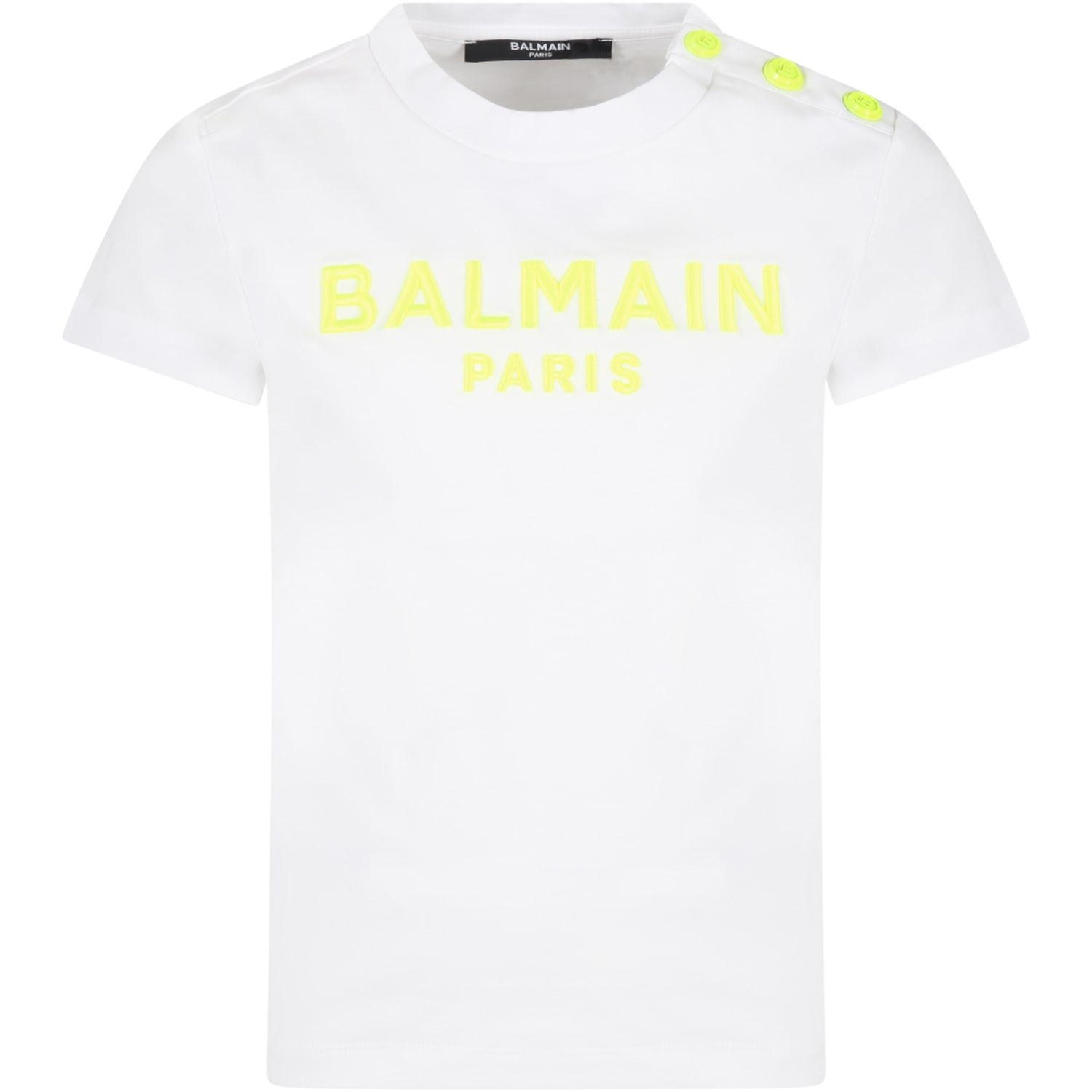 Balmain White T-shirt For Kids With Neon Yellow Logo