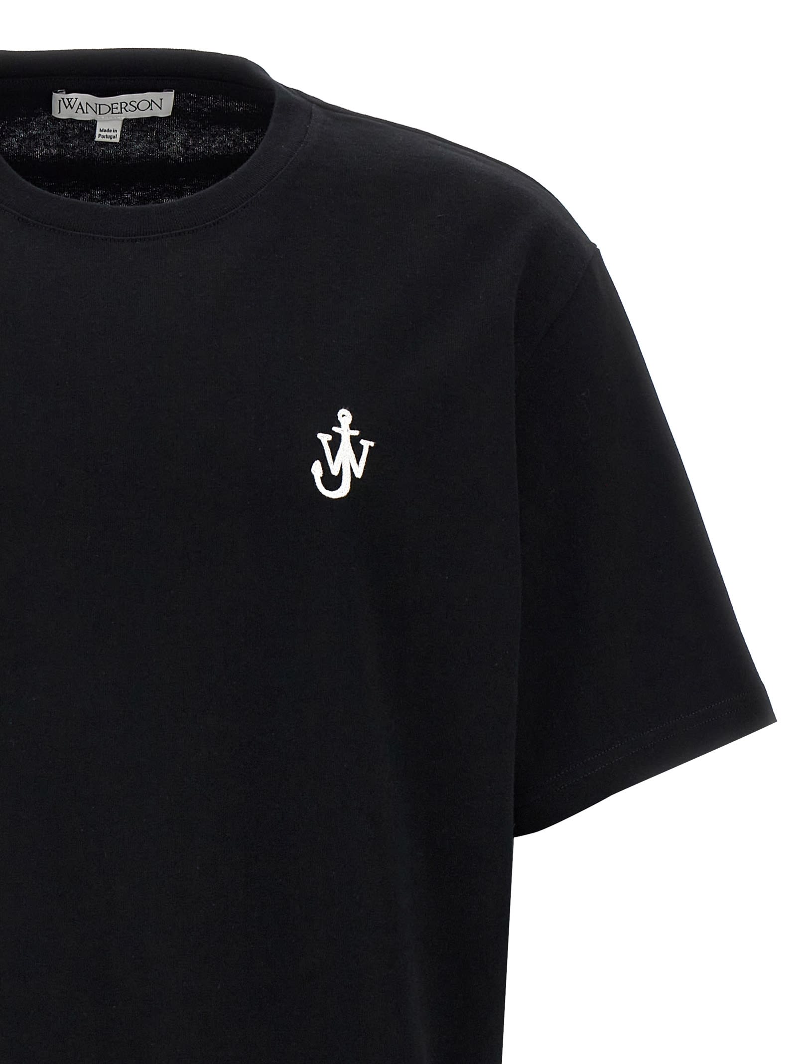 Jw Anderson Black Crewneck T-shirt With Anchor Embroidery On The Front In Cotton Man In Black