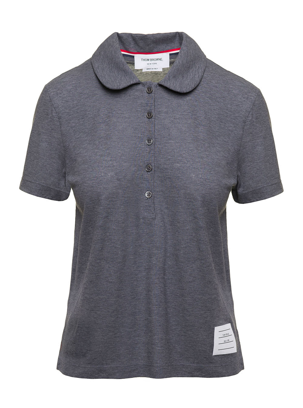 THOM BROWNE GREY POLO SHIRT WITH PETER-PAN COLLAR AND LOGO PATCH IN COTTON WOMAN
