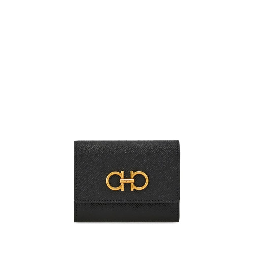 Ferragamo Gancini Tri-fold Leather Wallet In Black