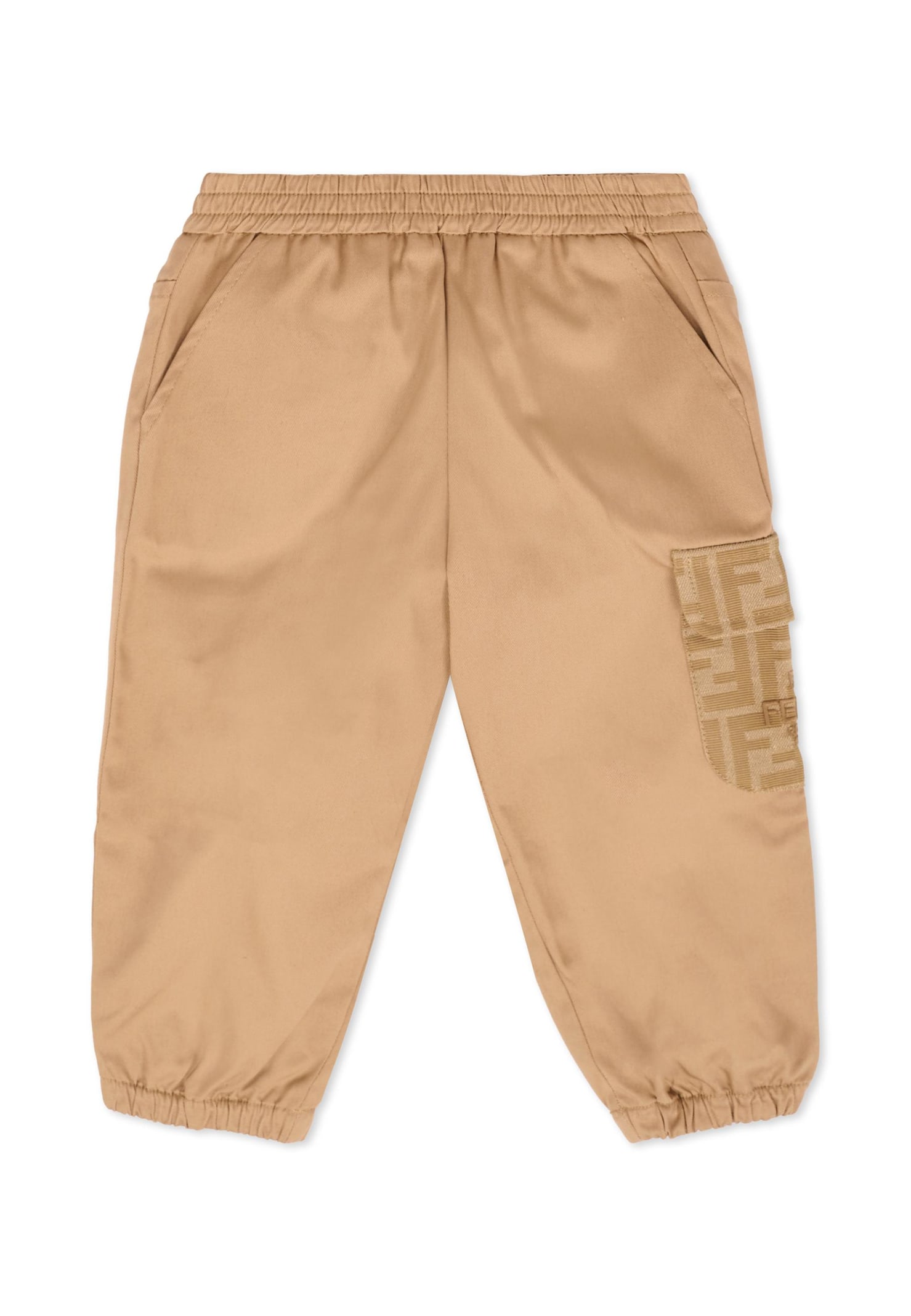 Fendi Beige Trousers For Baby Boy With Logo In Metallic